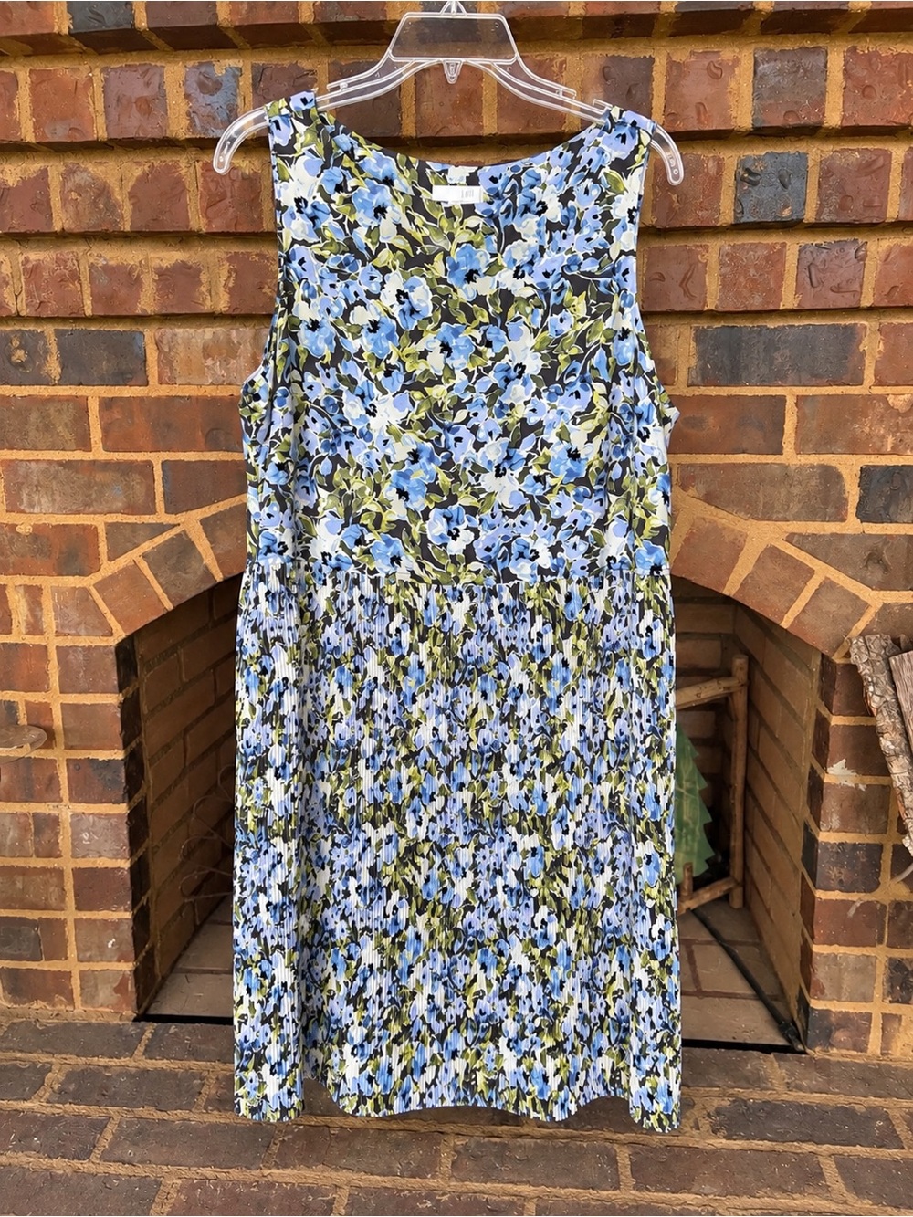 J.Jill Floral Pleated Midi Dress Large Blue Green Sleeveless Lined Womens